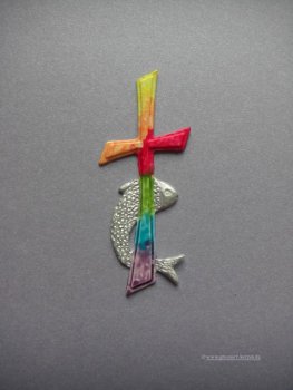 Verzierwachs "Kreuz Regenbogen  mit  Fisch "silber