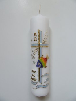 Taufkerze Junge , Kreuz - Blau und Fisch - Regenbogen