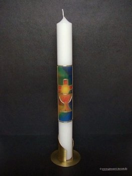 Kommunionkerze "Kreuz, Hostie, Kelch" bunt