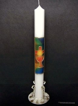 Kommunionkerze "Kreuz, Hostie, Kelch" bunt