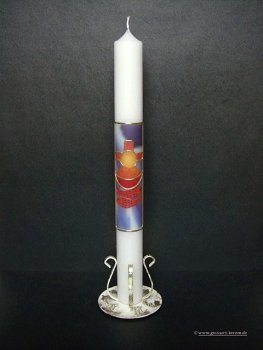 Kommunionkerze "Kreuz, Fisch, Brot" blau/rot