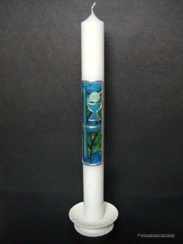 Kommunionkerze "Kreuz, Kelch" blau/grün