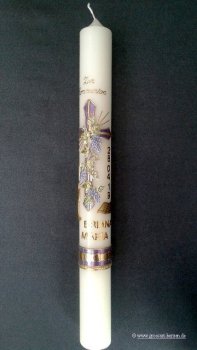 Kommunionkerze, Weinstock mit Kreuz flieder