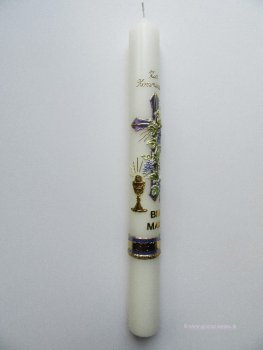 Kommunionkerze, Weinstock mit Kreuz flieder