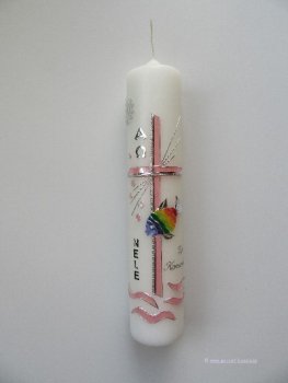 Kommunionkerze-Konfirmationskerze Mädchen , Kreuz - Rosa / Fisch - Regenbogen  modern