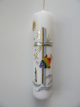 Taufkerze Junge , Kreuz - Blau und Fisch - Regenbogen
