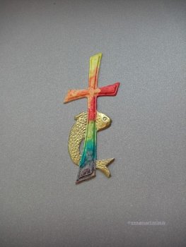 Verzierwachs "Kreuz  mit  Fisch - Regenbogen"