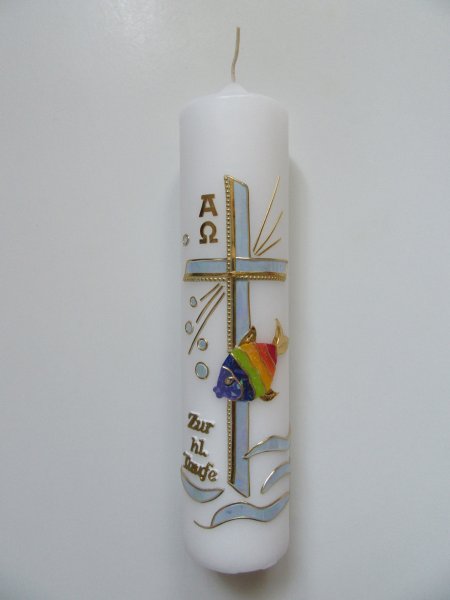 Taufkerze Junge , Kreuz - Blau und Fisch - Regenbogen