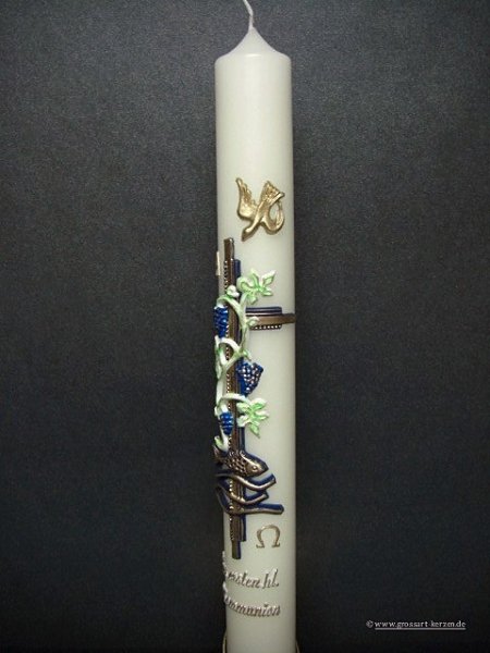 Kommunionkerze "Kreuz mit Fisch und Wein"