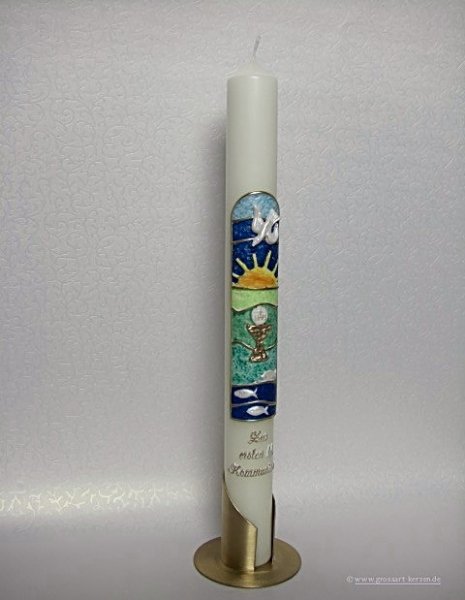 Kommunionkerze "Emblem mit Kelch, Sonne und Fisch"