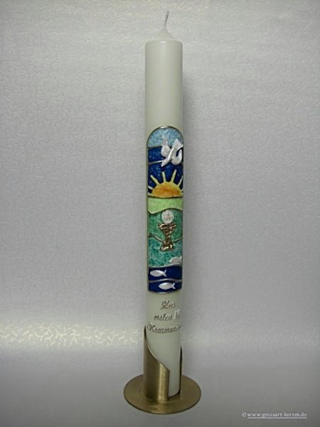 Kommunionkerze "Emblem mit Kelch, Sonne und Fisch"