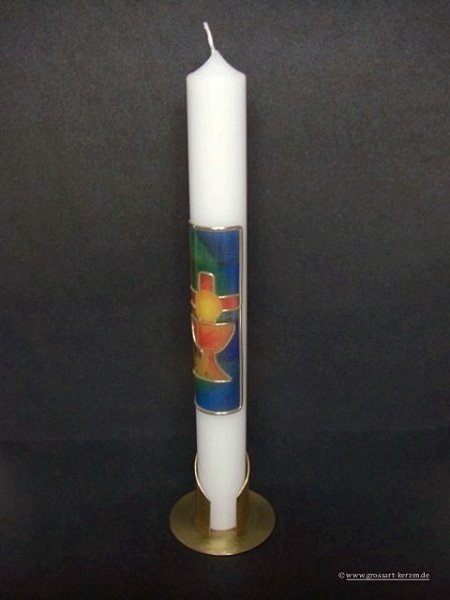 Kommunionkerze "Kreuz, Hostie, Kelch" bunt
