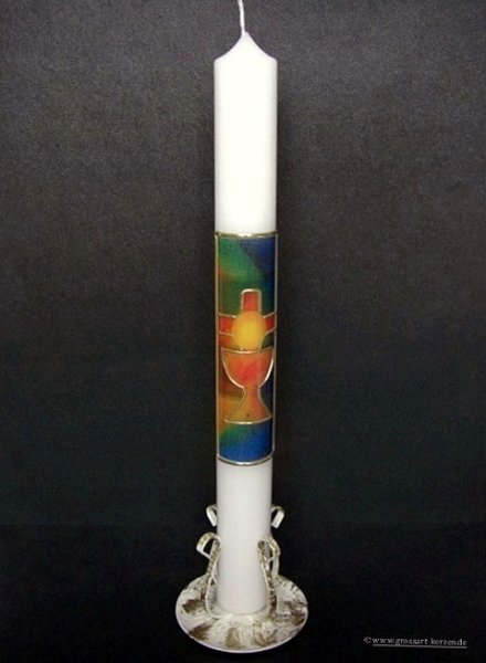 Kommunionkerze "Kreuz, Hostie, Kelch" bunt