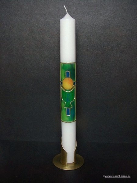 Kommunionkerze "Kreuz, Kelch, Hostie" grün