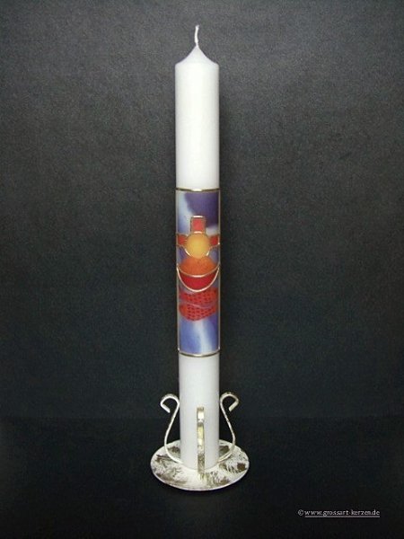 Kommunionkerze "Kreuz, Fisch, Brot" blau/rot