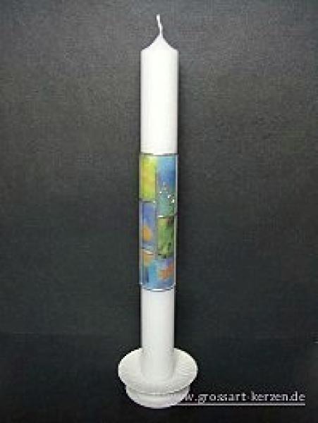 Kommunionkerze "Kreuz, Kelch, Fische" blau