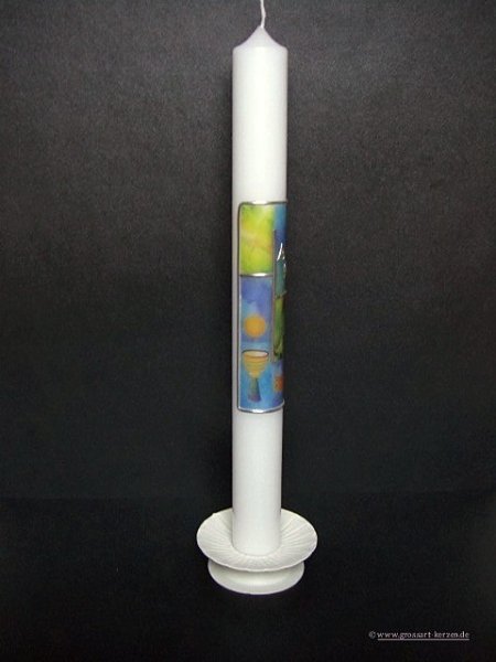 Kommunionkerze "Kreuz, Kelch, Fische" blau