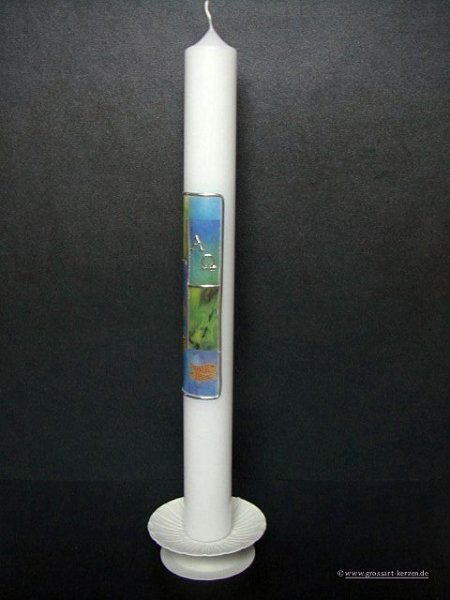 Kommunionkerze "Kreuz, Kelch, Fische" blau