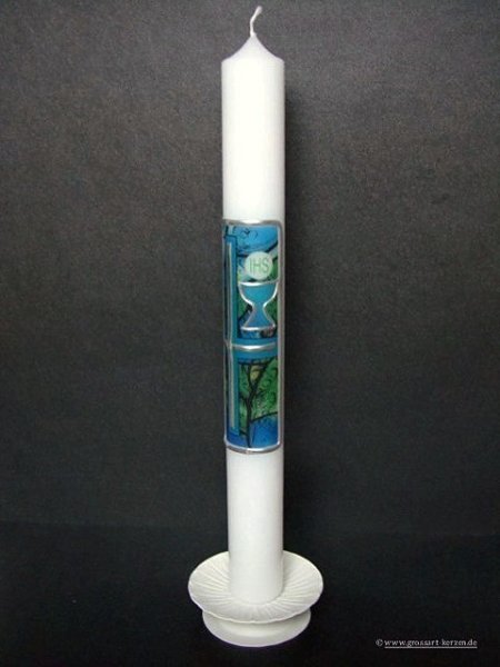 Kommunionkerze "Kreuz, Kelch" blau/grün