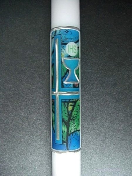 Kommunionkerze "Kreuz, Kelch" blau/grün