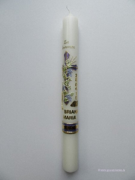 Kommunionkerze, Weinstock mit Kreuz flieder