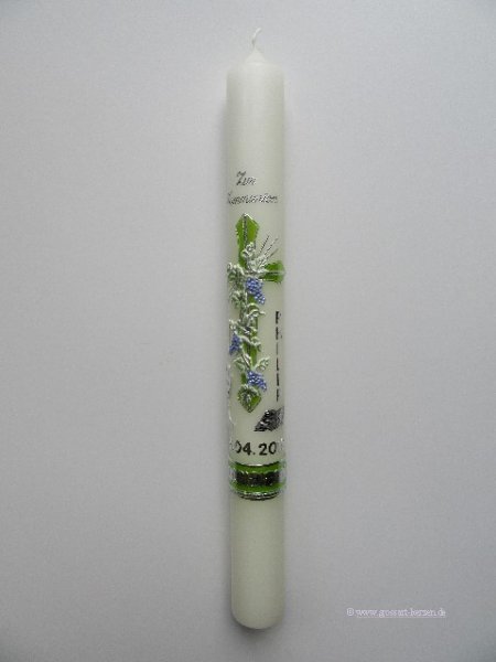 Kommunionkerze, Weinstock mit Kreuz grün