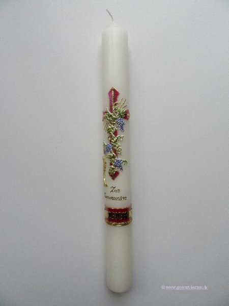 Kommunionkerze, Weinstock mit Kreuz violett