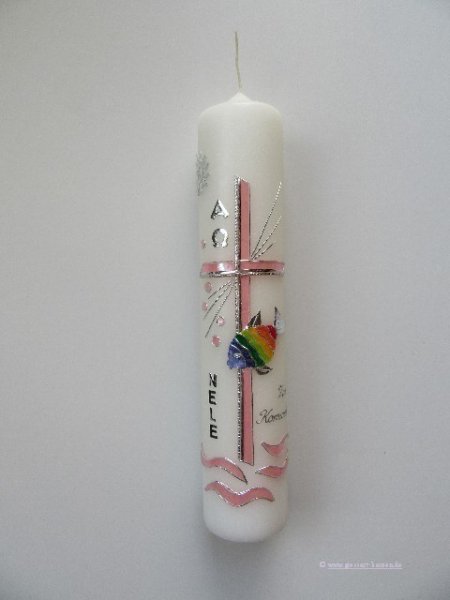 Kommunionkerze-Konfirmationskerze Mädchen , Kreuz - Rosa / Fisch - Regenbogen  modern
