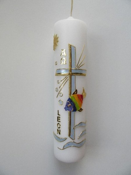 Taufkerze Junge , Kreuz - Blau und Fisch - Regenbogen