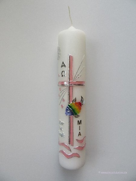 Taufkerze / Zur Taufe Mädchen , Kreuz - Rosa und Fisch - Regenbogen