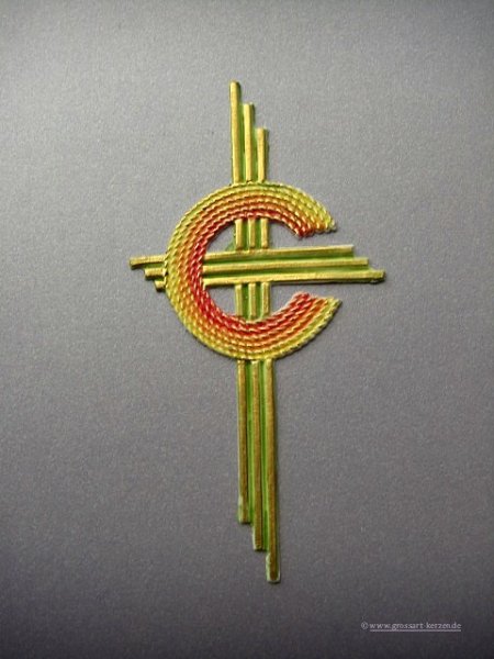 Verzierwachs - Ornament, Kreuz grün gelb+rot+gold bemalt