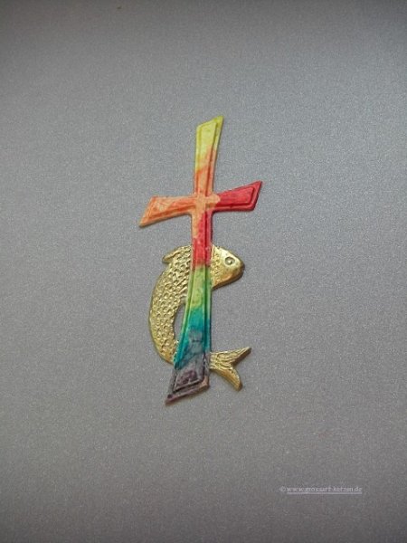 Verzierwachs "Kreuz  mit  Fisch - Regenbogen"
