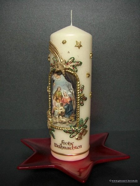 Weihnachtskerze "Hl. Familie mit Engel und Schafen"