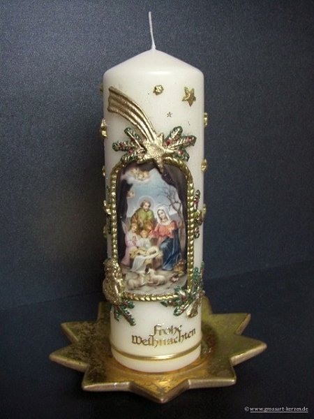 Weihnachtskerze "Hl. Familie mit Engel und Schafen"