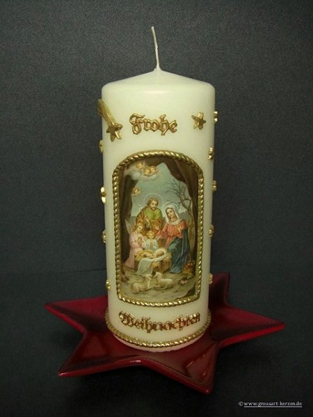 Weihnachtskerze "Hl. Familie mit Engel und Schafen" groß