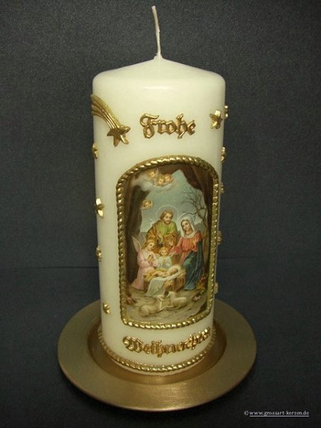 Weihnachtskerze "Hl. Familie mit Engel und Schafen" groß