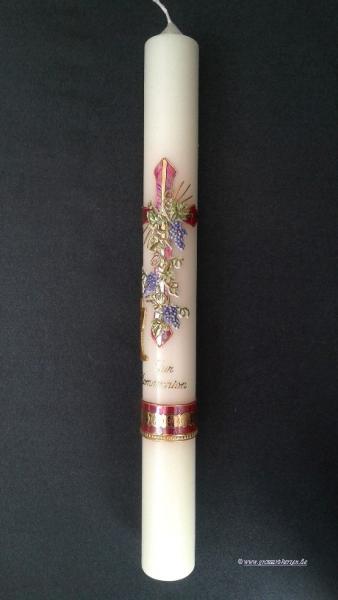 Kommunionkerze, Weinstock mit Kreuz violett